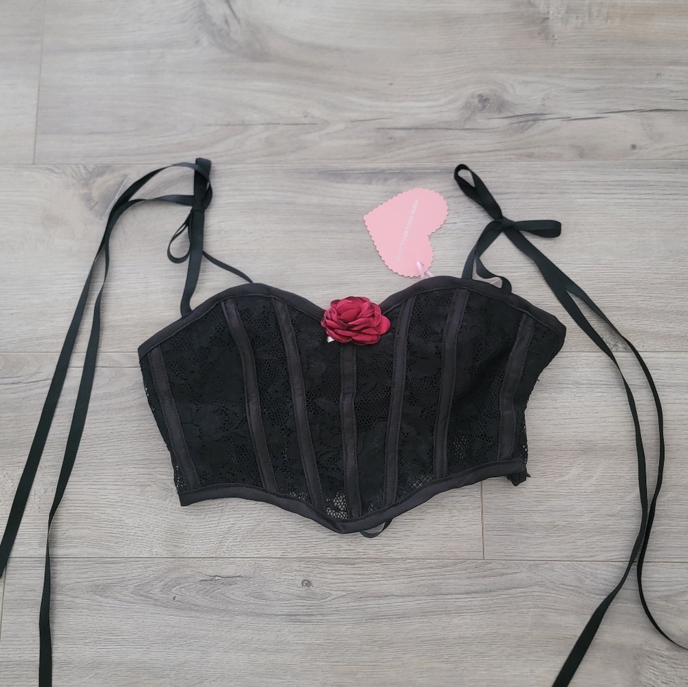 Black Lace Bustier Top with Pink Rose Accent